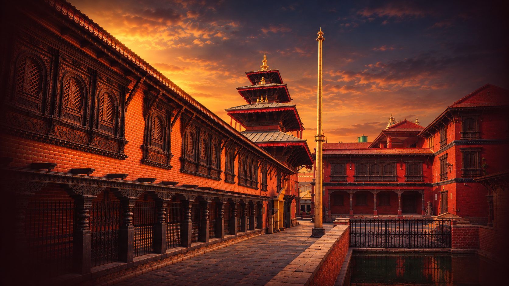 The temple square at sunset: a three-tiered pagoda beside a tall golden pillar, brick buildings with carved wooden windows, and a stone-lined pond
